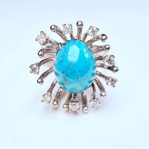 Estate 14K Solid White Gold .27 CT Diamond & Turquoise MCM Starburst VTG Ring